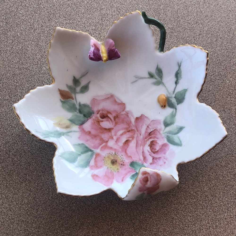 Hand Painted Dish with Butterfly, Ladybug and Pink Flowers